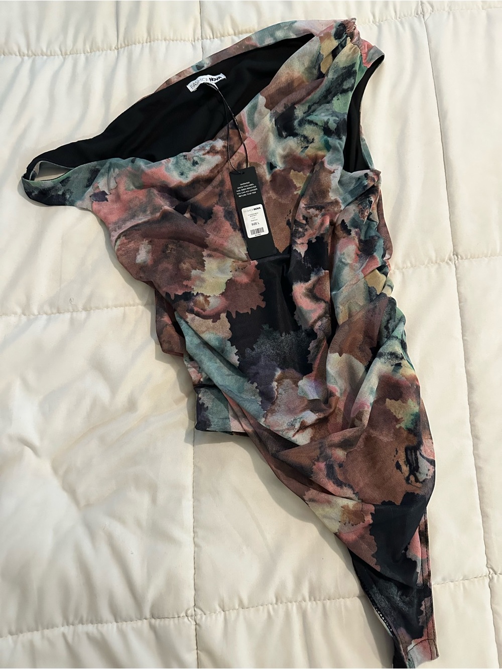 One-Shoulder Women's Swimsuit in Multicolor Watercolor Print - Picture 2 of 4